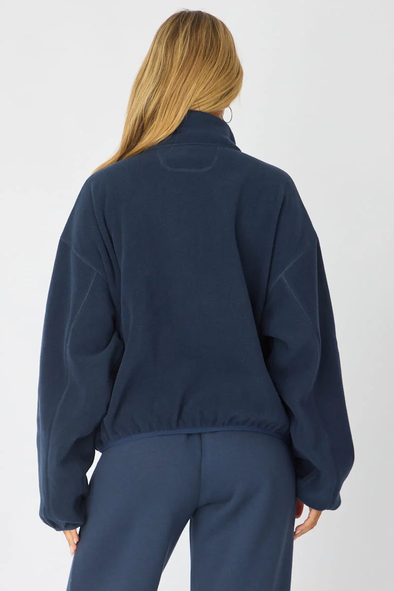 Blue Oversized Fit Long Sleeve Fleece Sweater - Image 5