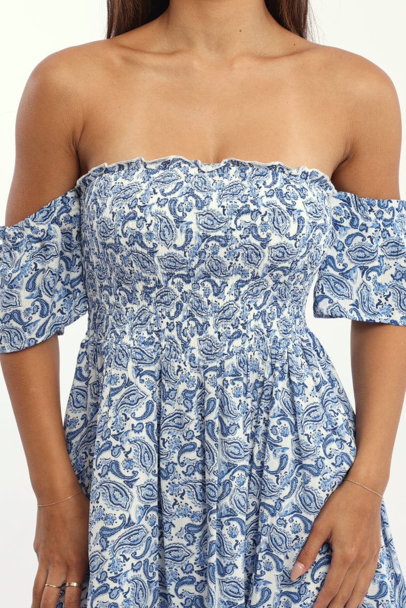 Blue Paisley Mini Dress Off Shoulder - Image 5