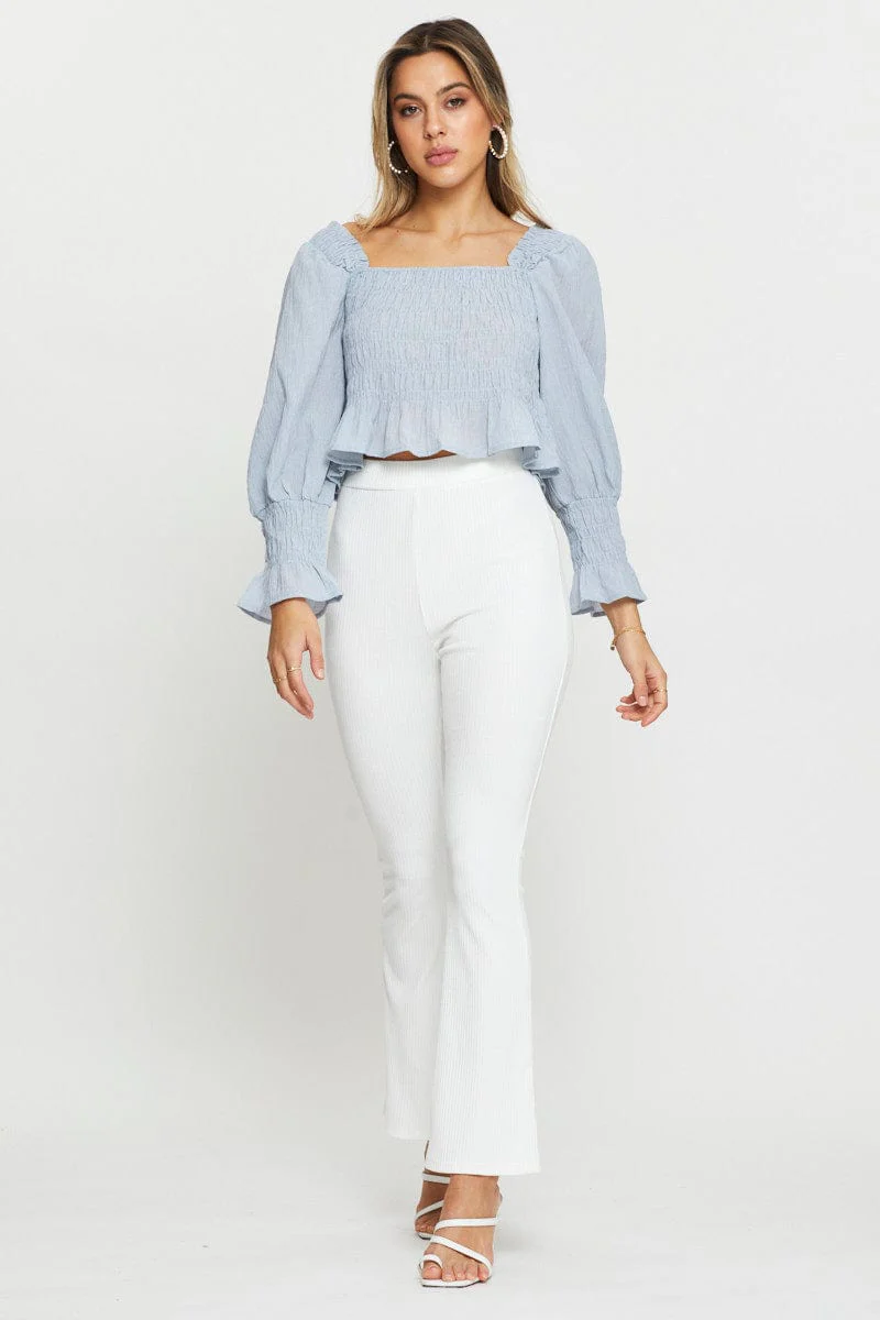 Blue Peasant Blouse Long Sleeve Crop - Image 2