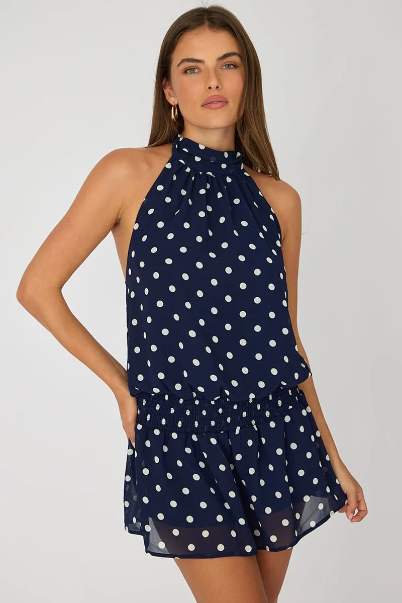 Blue Polka Dot High Neck Dress Mini Chiffon - Image 2
