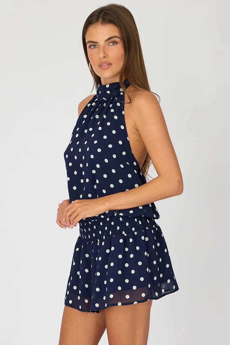 Blue Polka Dot High Neck Dress Mini Chiffon - Image 3