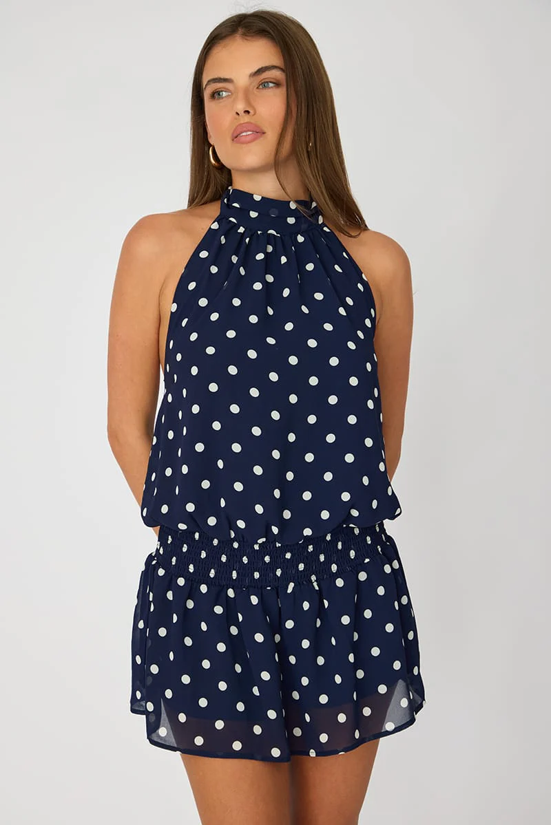 Blue Polka Dot High Neck Dress Mini Chiffon - Image 5