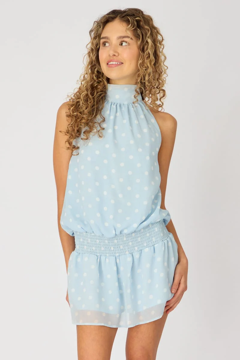 Blue Polka Dot High Neck Dress Mini Chiffon - Image 2