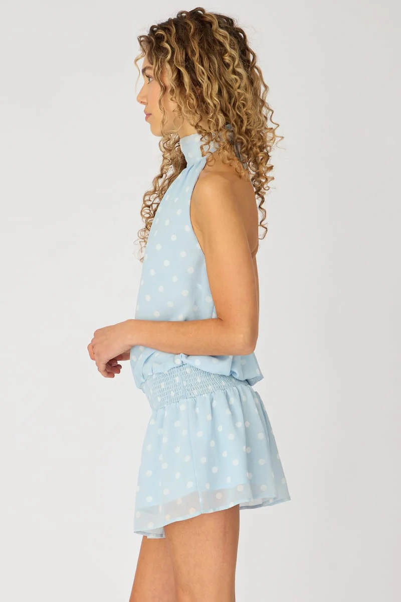 Blue Polka Dot High Neck Dress Mini Chiffon - Image 4