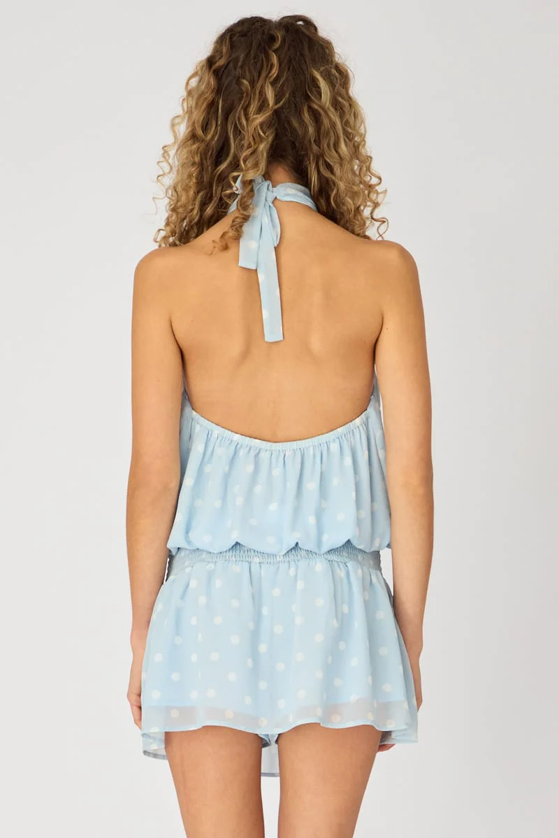 Blue Polka Dot High Neck Dress Mini Chiffon - Image 5