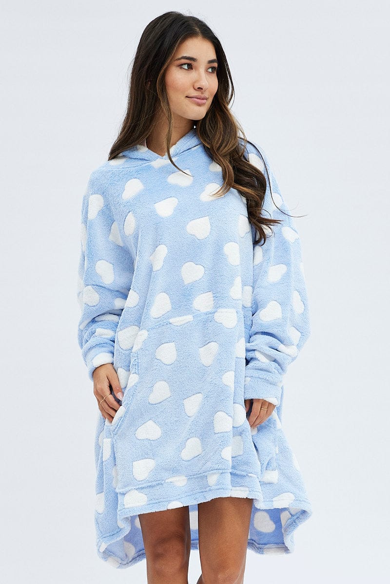Blue Print Heart Print Cosy Blanket Hoodie PJ - Image 3