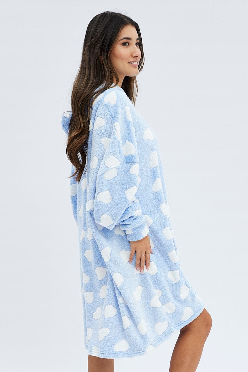 Blue Print Heart Print Cosy Blanket Hoodie PJ - Image 4