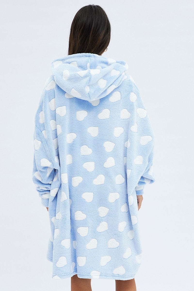 Blue Print Heart Print Cosy Blanket Hoodie PJ - Image 5
