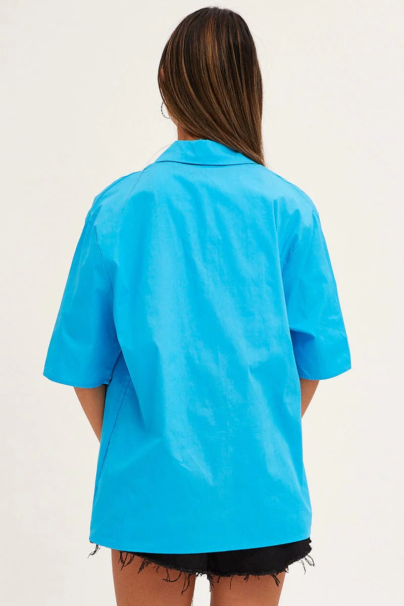 Blue Relaxed Fit Shirt Short Sleeve Collared Longline - Image 5