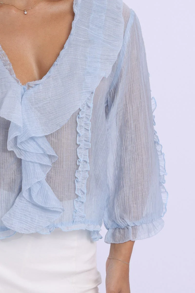 Blue Ruffled Top Mid Sleeve V-neck Poet's Blouse - Image 5