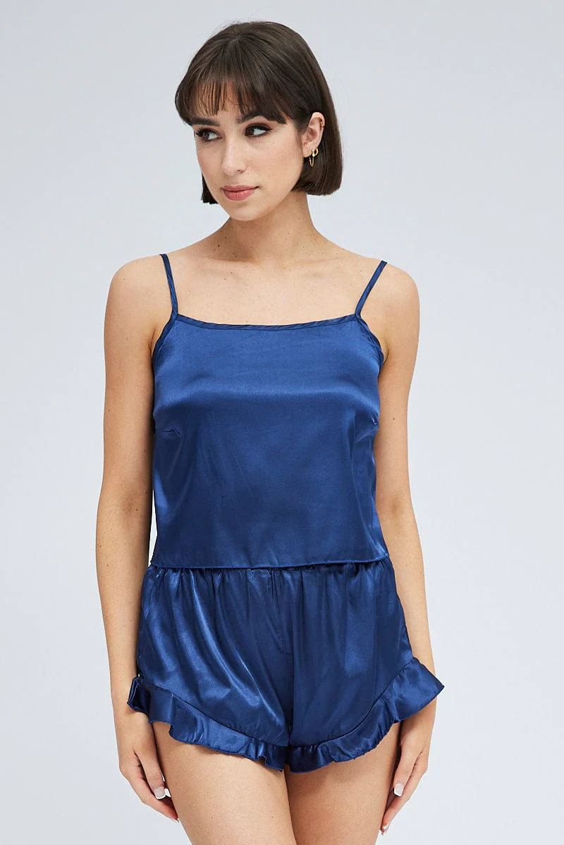 Blue Satin Cami And Ruffle Shorts Pyjama Set - Image 3