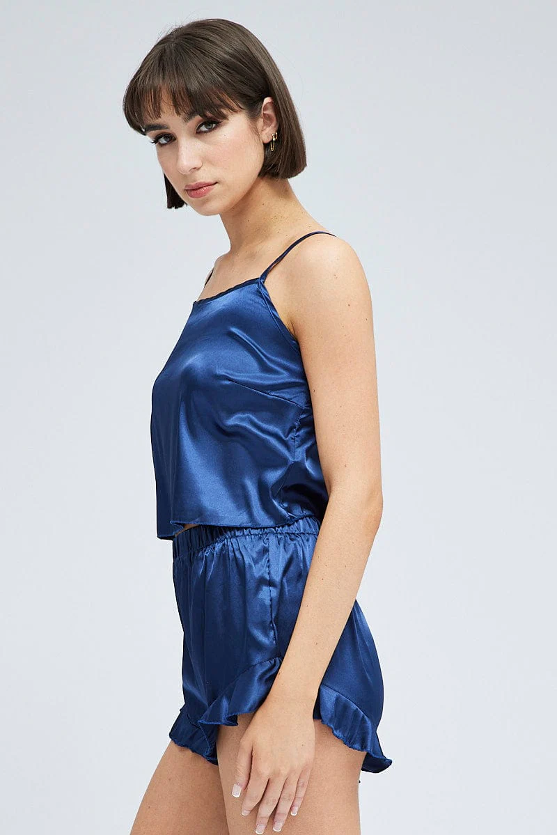 Blue Satin Cami And Ruffle Shorts Pyjama Set - Image 4