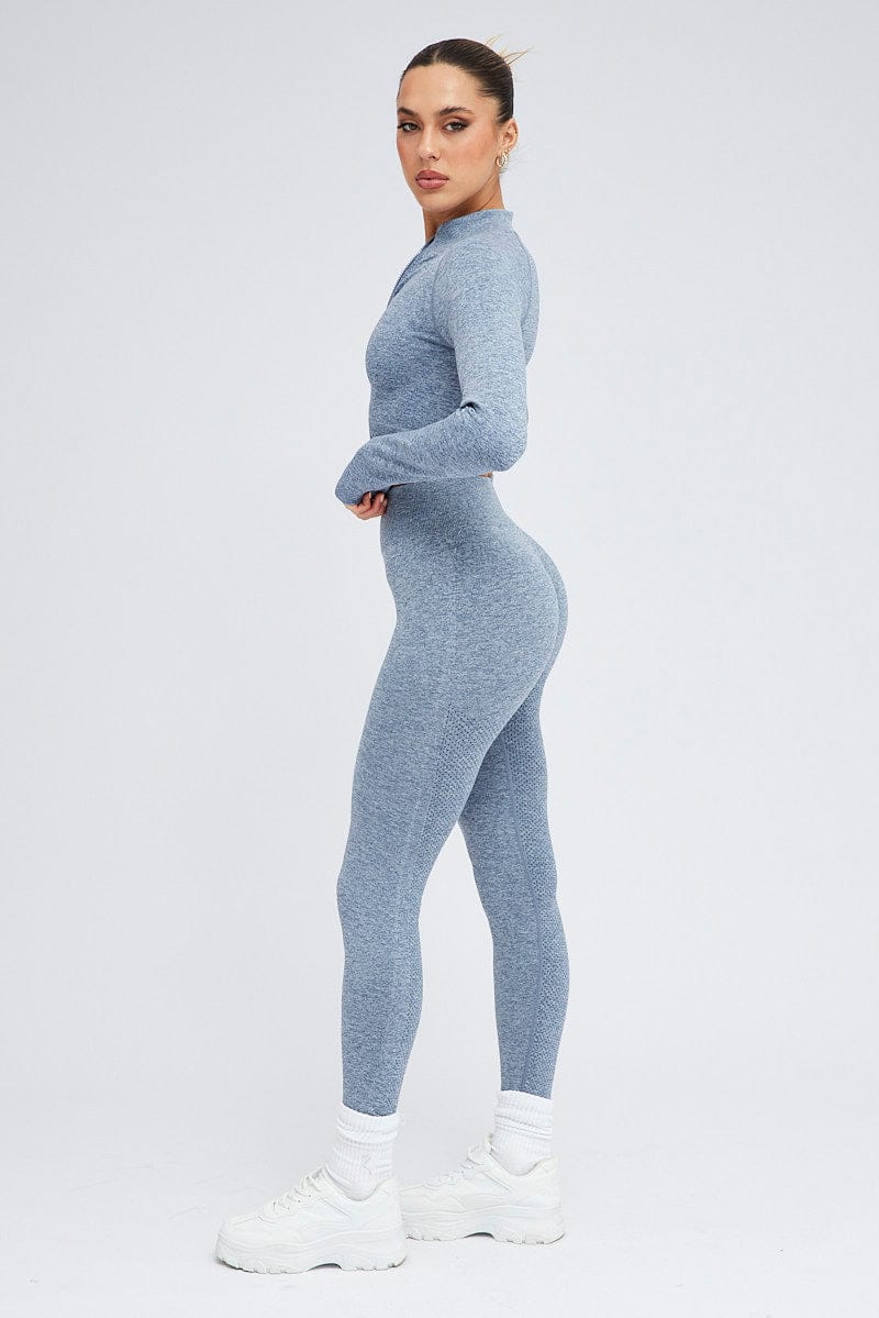 Blue Seamless Zip Up Top and Leggings Activewear Set - Image 4