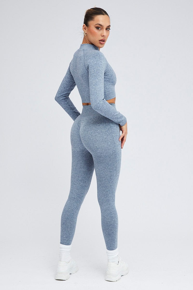 Blue Seamless Zip Up Top and Leggings Activewear Set - Image 5