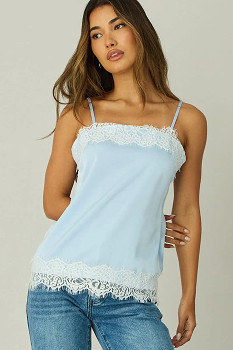 Blue Strappy Satin Lace Trim Cami