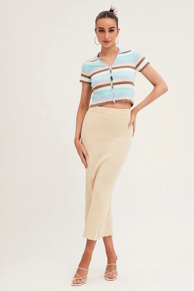 Blue Stripe Crop Cardigan Short Sleeve Knit - Image 2