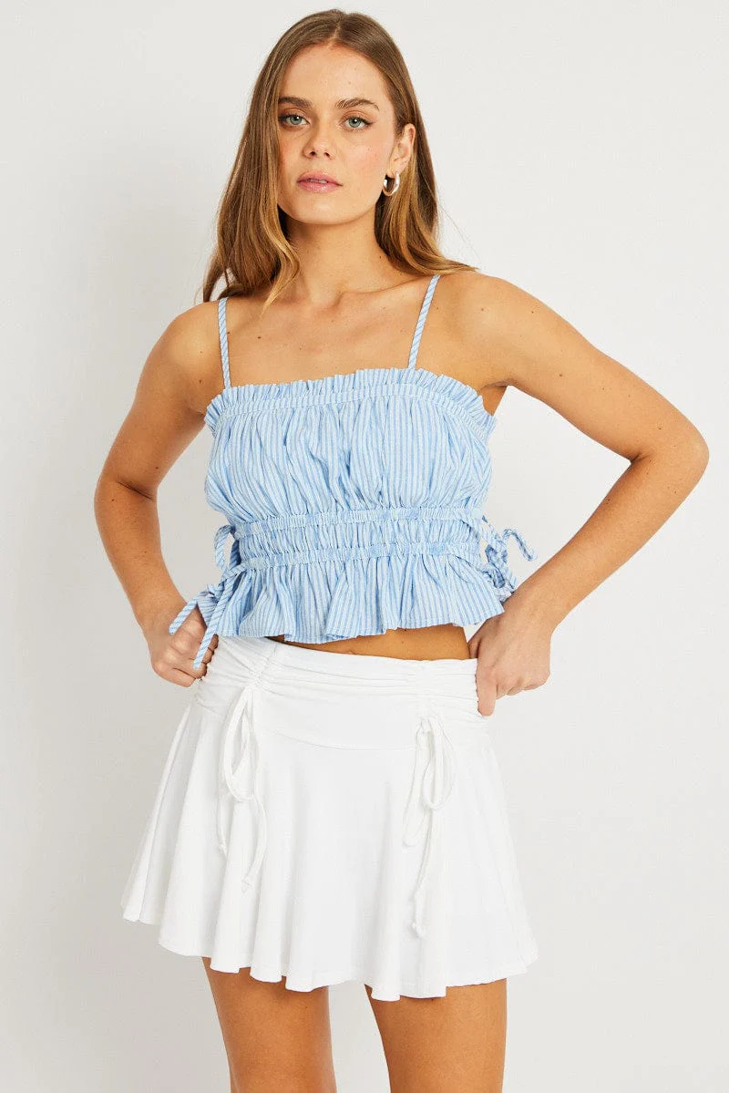 Blue Stripe Crop Top Sleeveless Ruched - Image 3