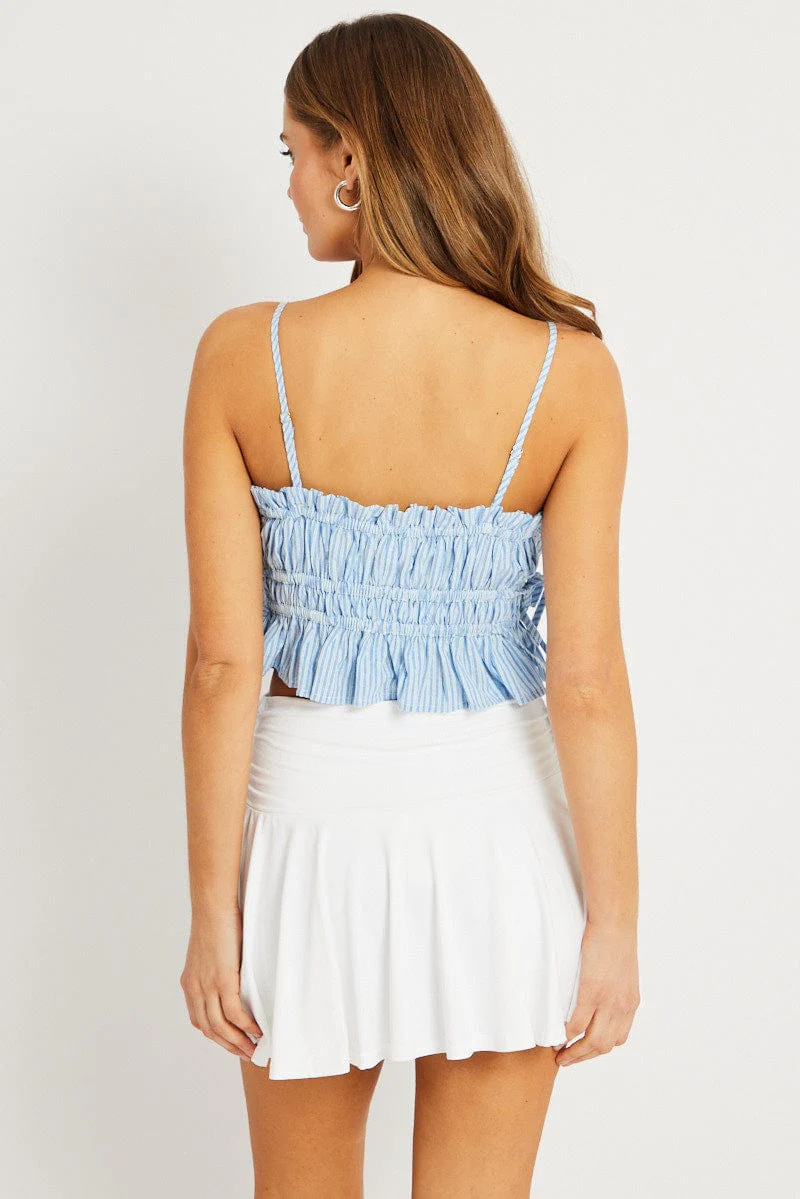 Blue Stripe Crop Top Sleeveless Ruched - Image 5