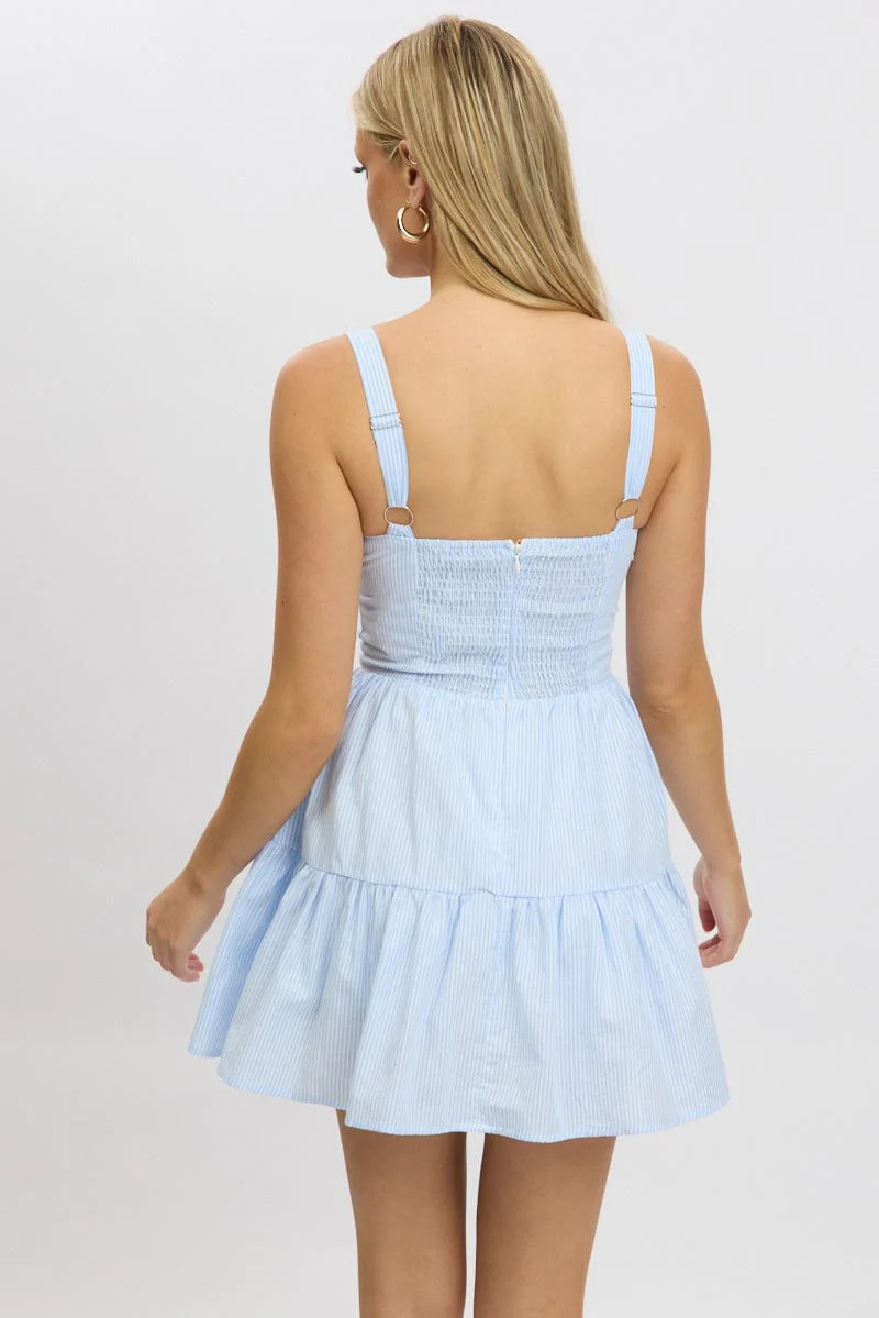 Blue Stripe Fit And Flare Dress Mini Gathered Bust - Image 5