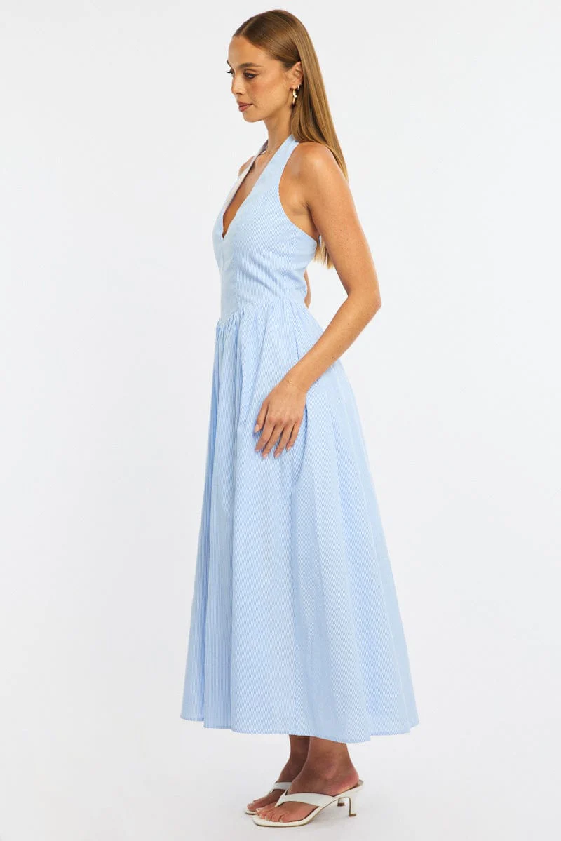 Blue Stripe Halter Neck Dress - Image 3