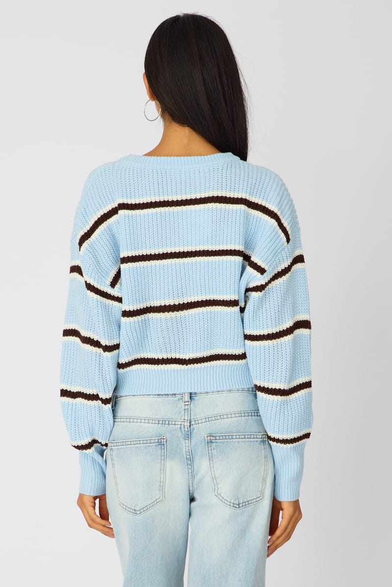 Blue Stripe Knit Top Long Sleeve Color Block - Image 5