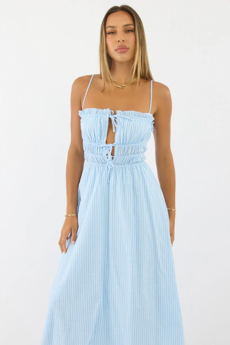 Blue Stripe Midi Dress Ribbon Detail Strappy - Image 2