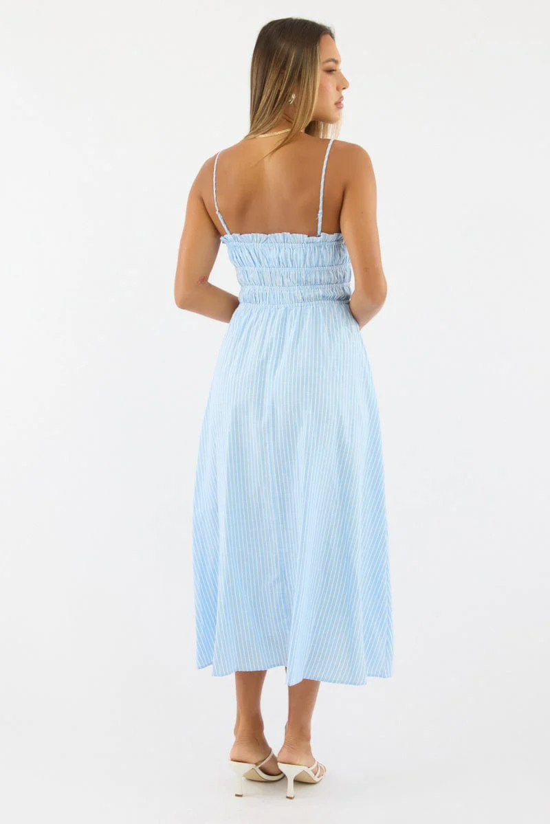 Blue Stripe Midi Dress Ribbon Detail Strappy - Image 4