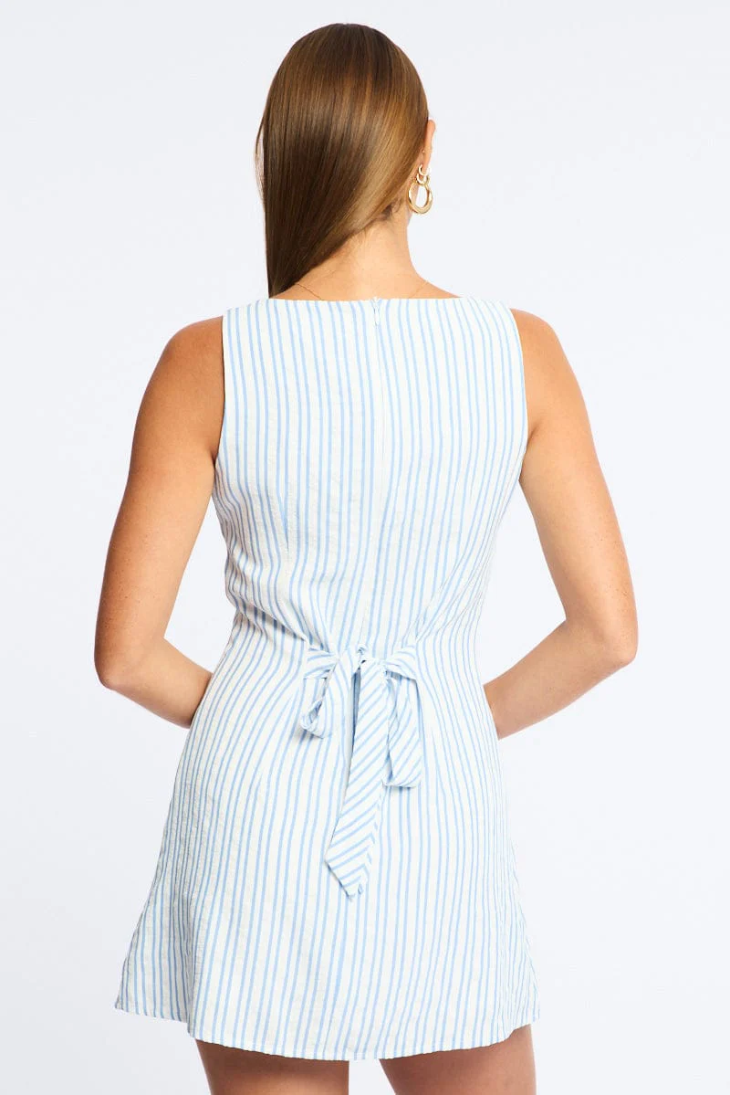 Blue Stripe Mini Dress Boat Neck - Image 4