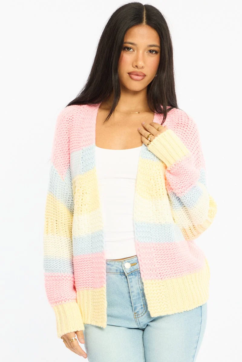 Blue Stripe Oversized Knit Cardigan Long Sleeve