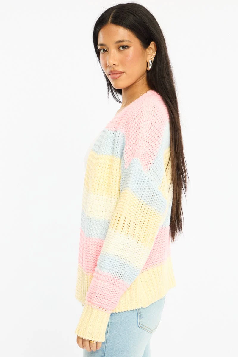 Blue Stripe Oversized Knit Cardigan Long Sleeve - Image 3