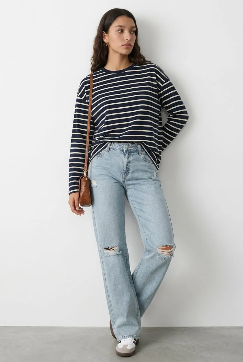 Blue Stripe Oversized Tee Long Sleeve