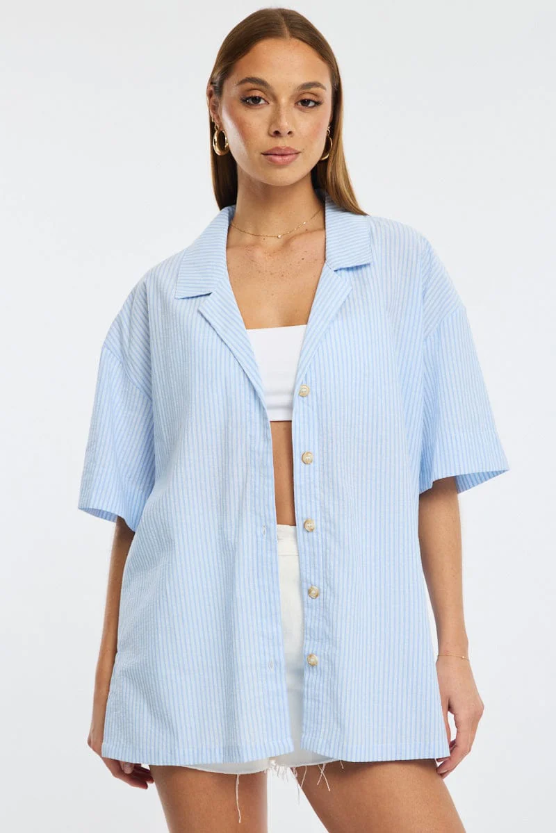 Blue Stripe Relaxed Shirt Short Sleeve Collared