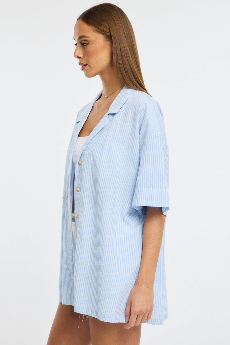 Blue Stripe Relaxed Shirt Short Sleeve Collared - Image 3