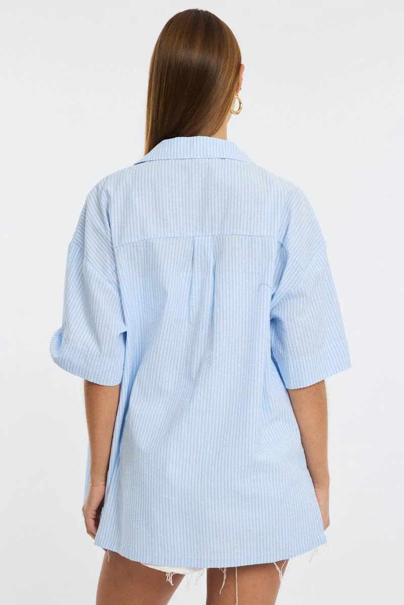 Blue Stripe Relaxed Shirt Short Sleeve Collared - Image 4