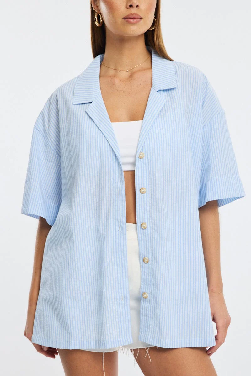Blue Stripe Relaxed Shirt Short Sleeve Collared - Image 5