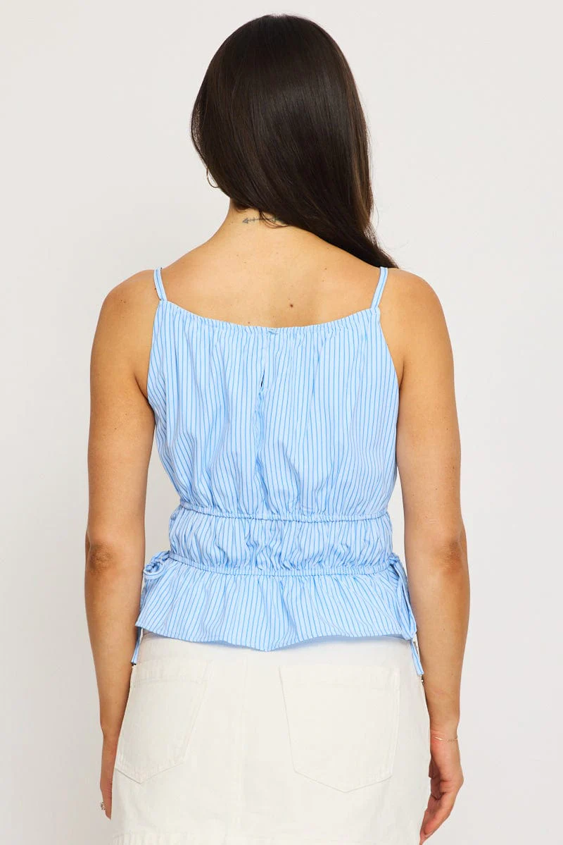 Blue Stripe Ruched Cami Sleeveless Boat Neck Side Tie Poplin - Image 4