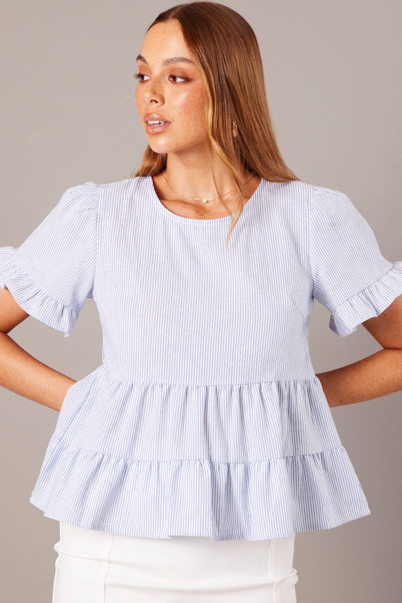 Blue Stripe Ruffle Top Short Sleeve - Image 3