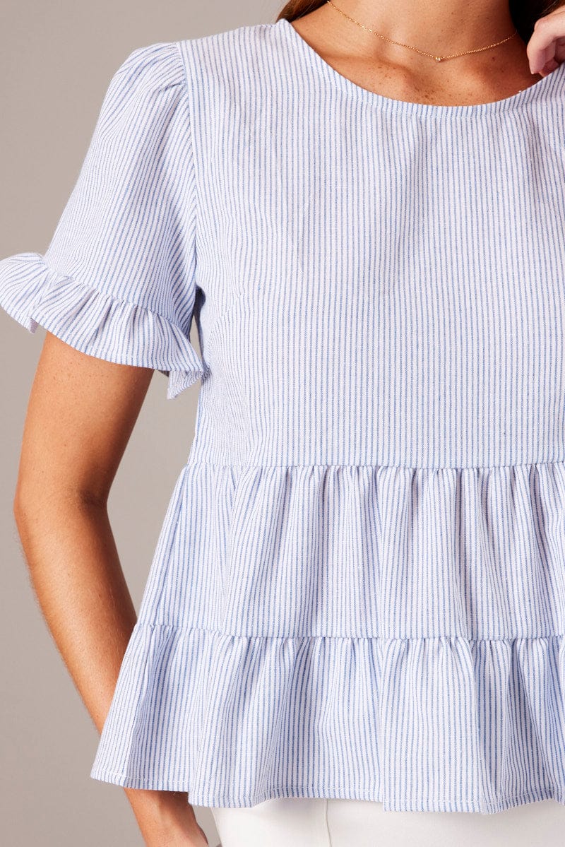 Blue Stripe Ruffle Top Short Sleeve - Image 6
