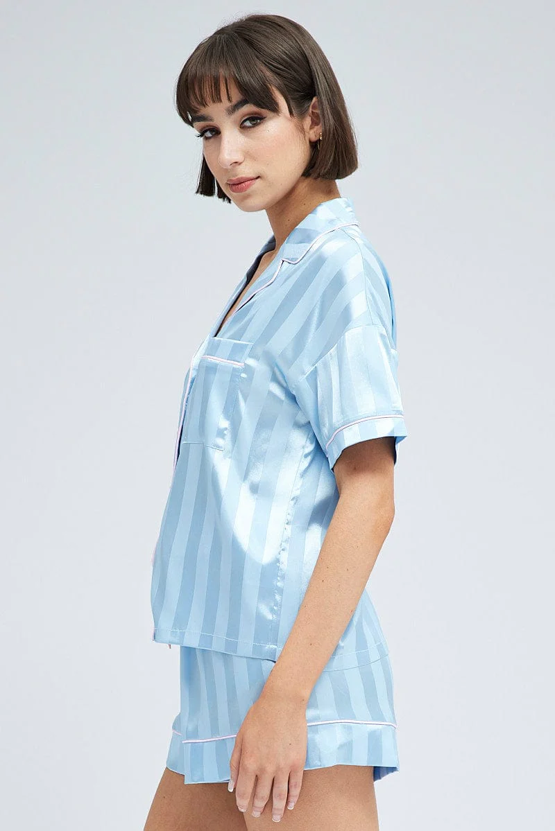 Blue Stripe Satin Pj Jacquard Stripe Piping Pyjama Set - Image 4