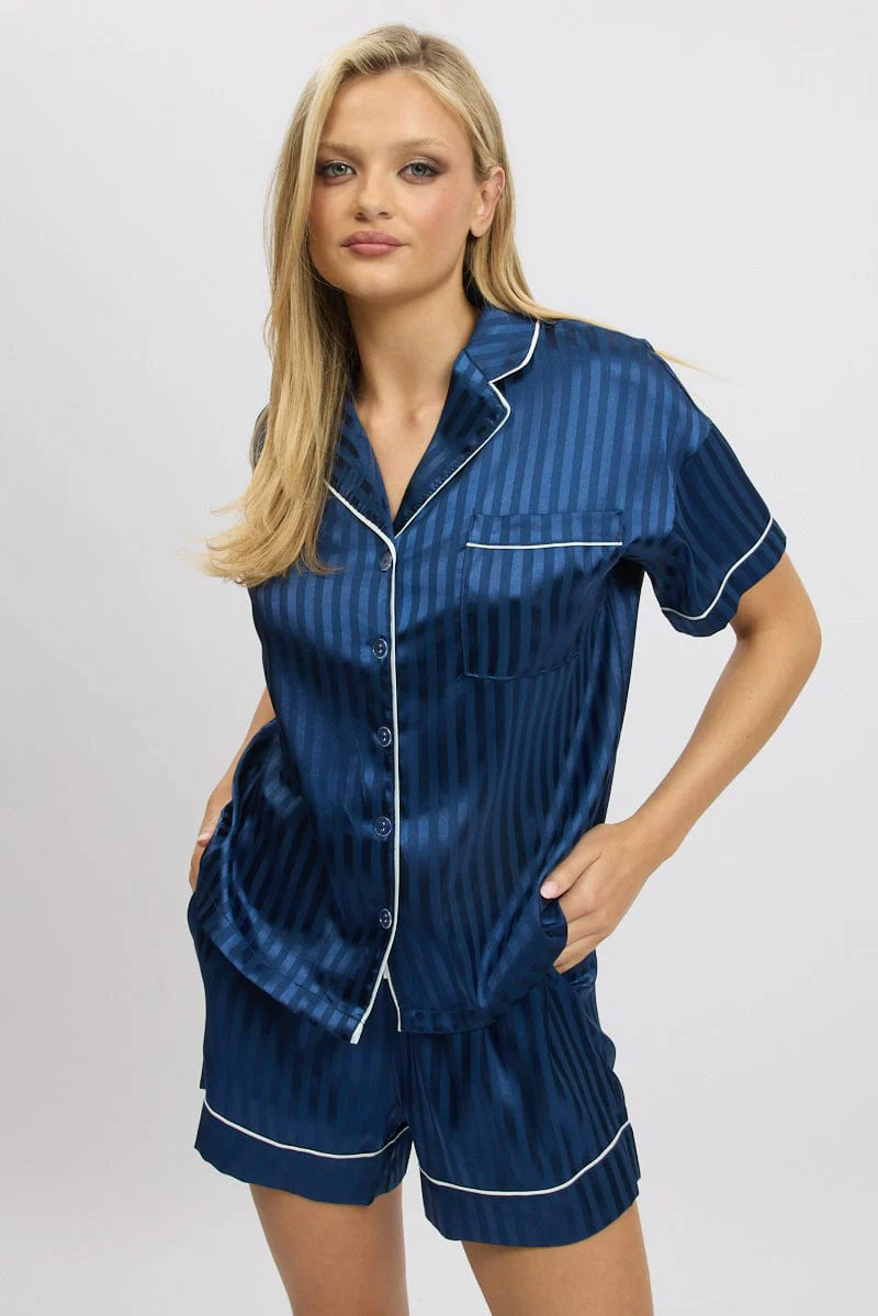 Blue Stripe Satin Pyjamas Set Short Sleeve - Image 3
