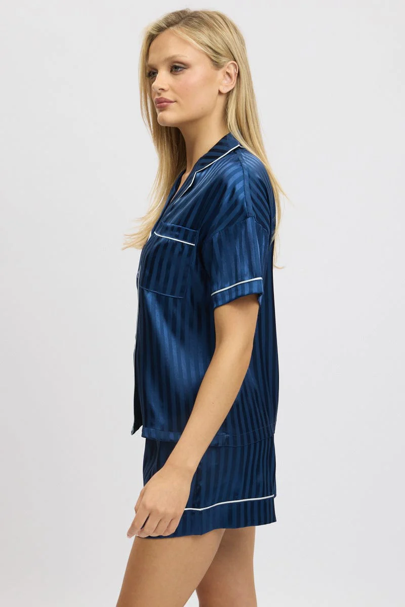 Blue Stripe Satin Pyjamas Set Short Sleeve - Image 4