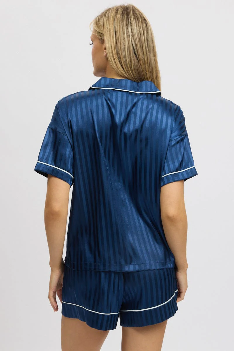 Blue Stripe Satin Pyjamas Set Short Sleeve - Image 5