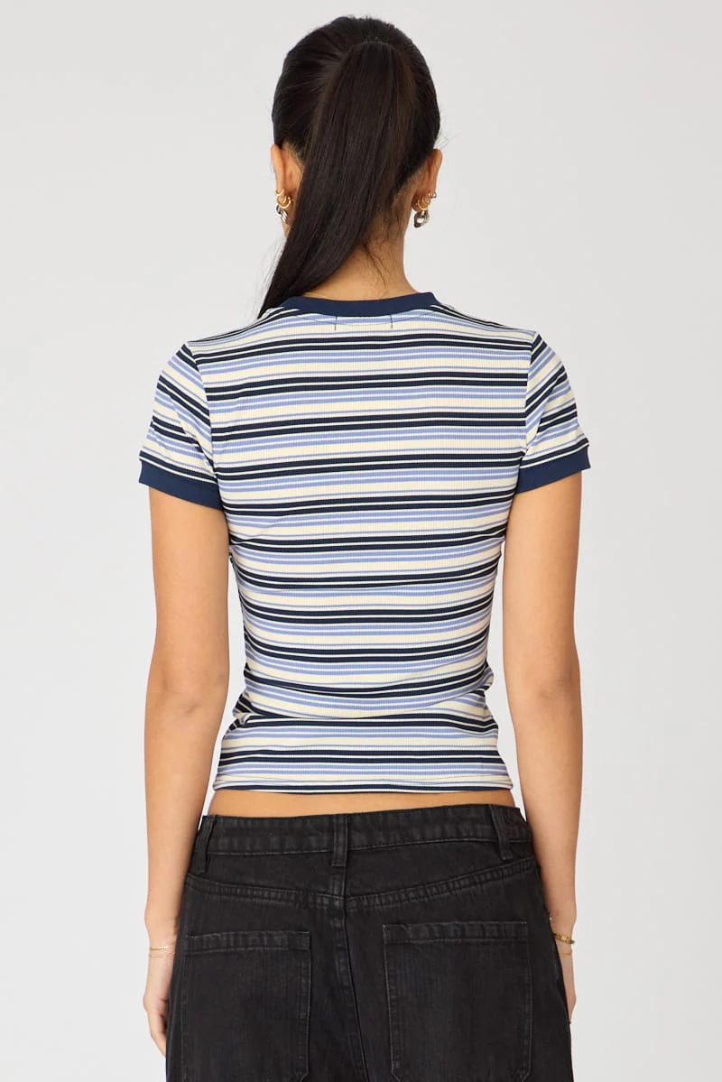 Blue Stripe Short Sleeve Stripe Ribbed T-shirt - Image 5