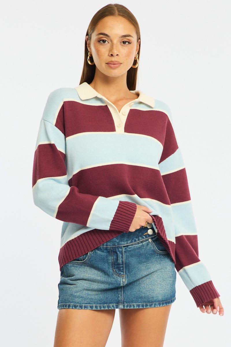 Blue Stripe Stripe Knit Long Sleeve Collared Rugby Jersey - Image 2