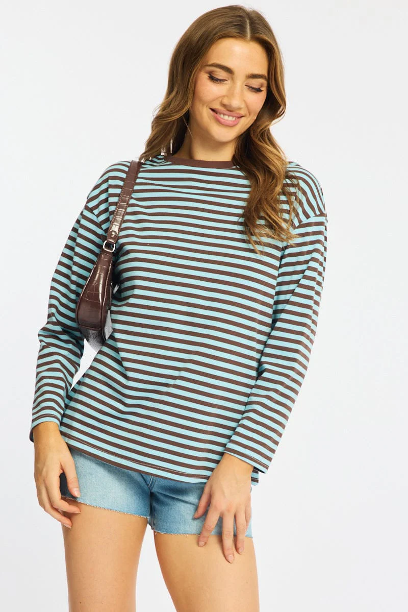 Blue Stripe Striped Top Crew Neck Long Sleeve - Image 3