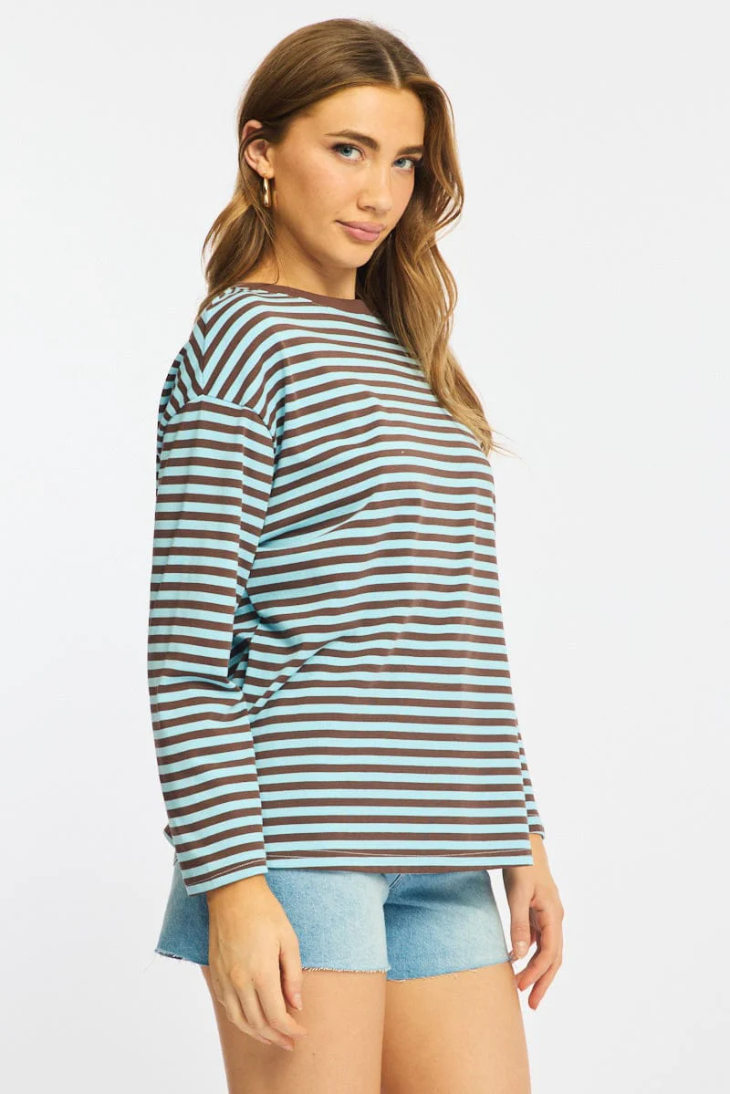 Blue Stripe Striped Top Crew Neck Long Sleeve - Image 4