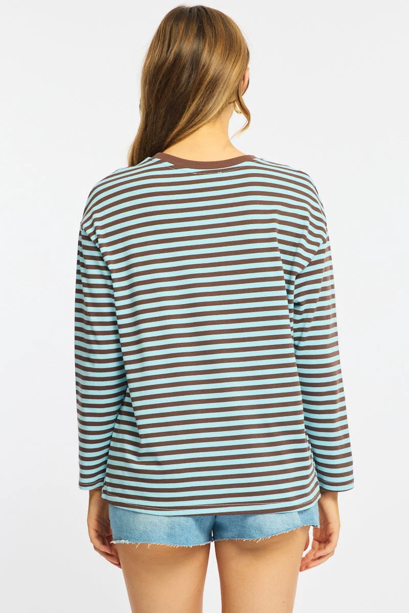 Blue Stripe Striped Top Crew Neck Long Sleeve - Image 5
