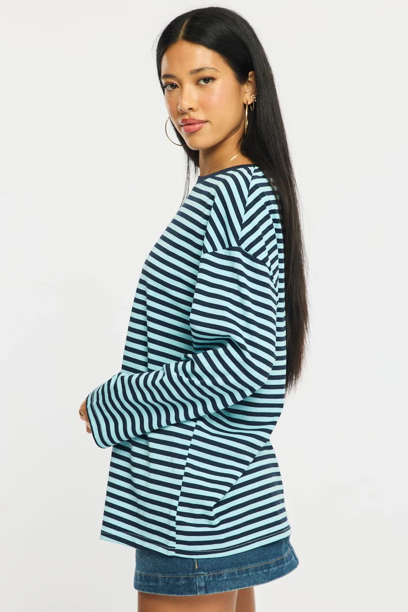 Blue Stripe Striped Top Crew Neck Long Sleeve - Image 2