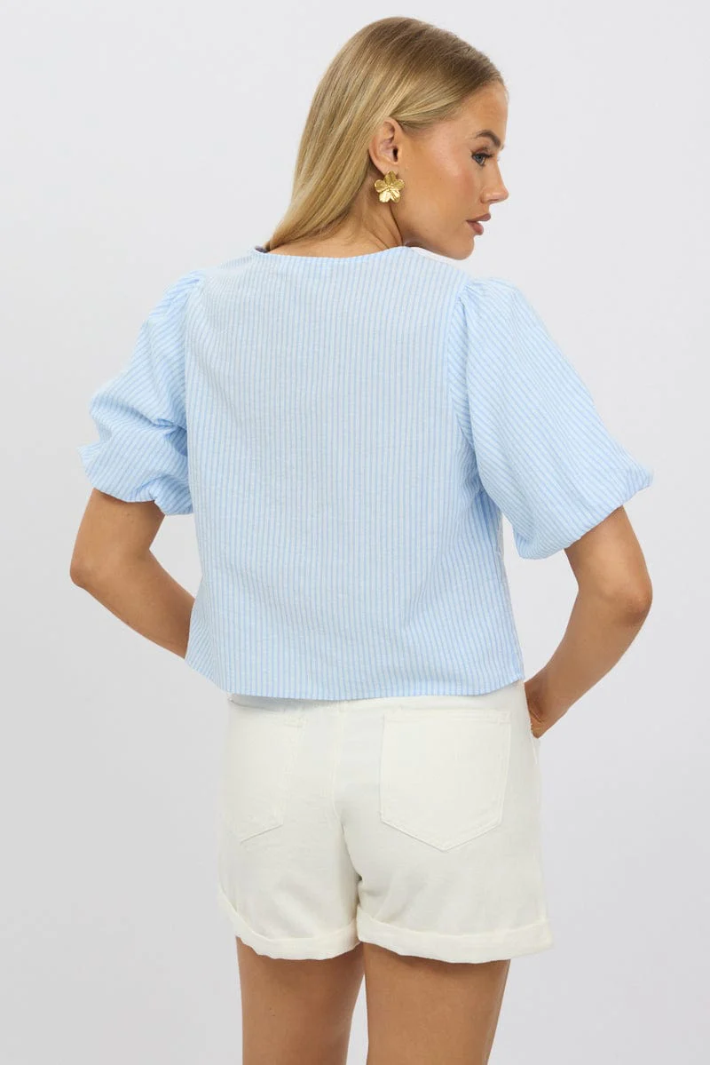 Blue Stripe Tie Front Top Puff Short Sleeve - Image 5