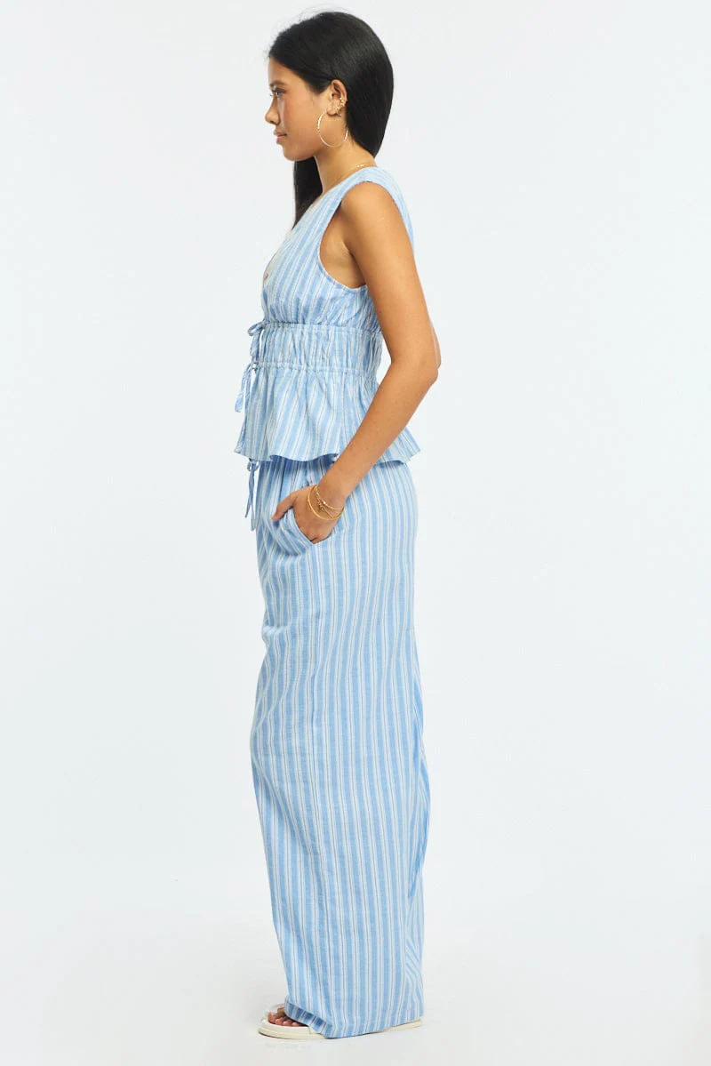 Blue Stripe Wide Leg Pants Elasticated Waist - Image 5